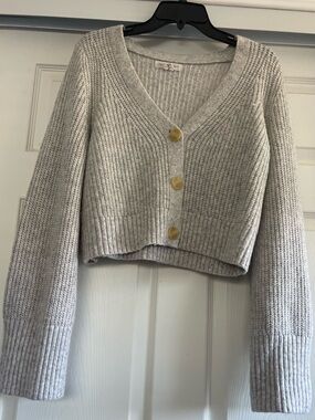 Macy's Light Gray Cropped V-Neck Button Cardigan